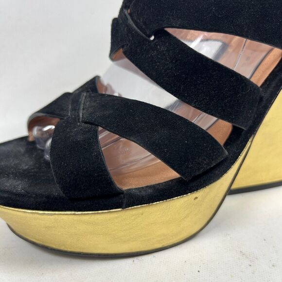MARC BY MARC JACOB Sandals 40 Suede 5" Block Heels Platform Black Gold - Picture 4 of 16
